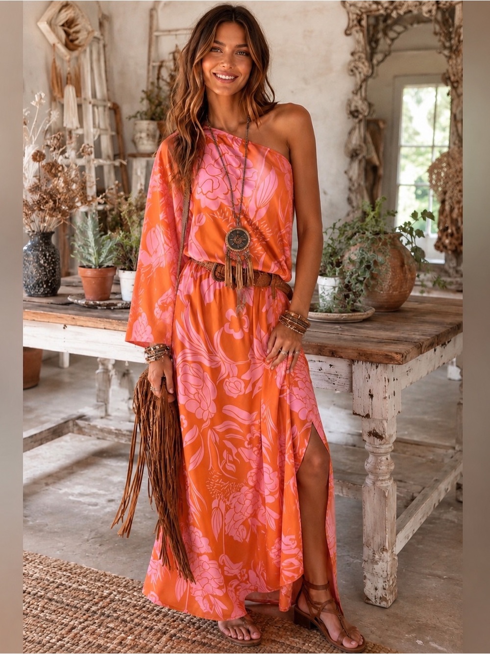 One-Shoulder‎ Orange Floral Maxi Dress